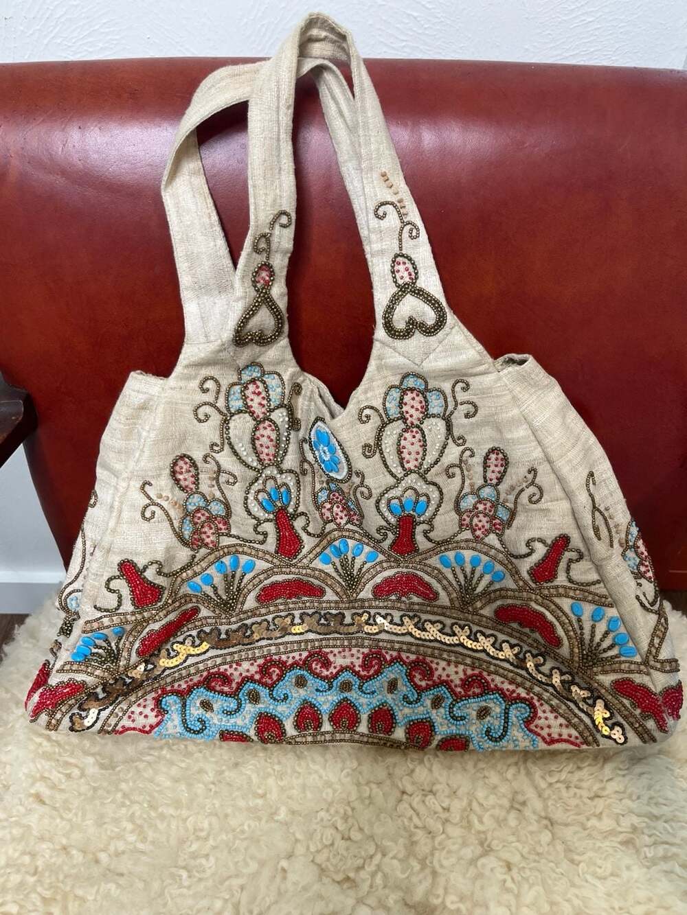 Moyna Beige Red Blue Beaded Embellished Tote Bag Boho Statement Handbag